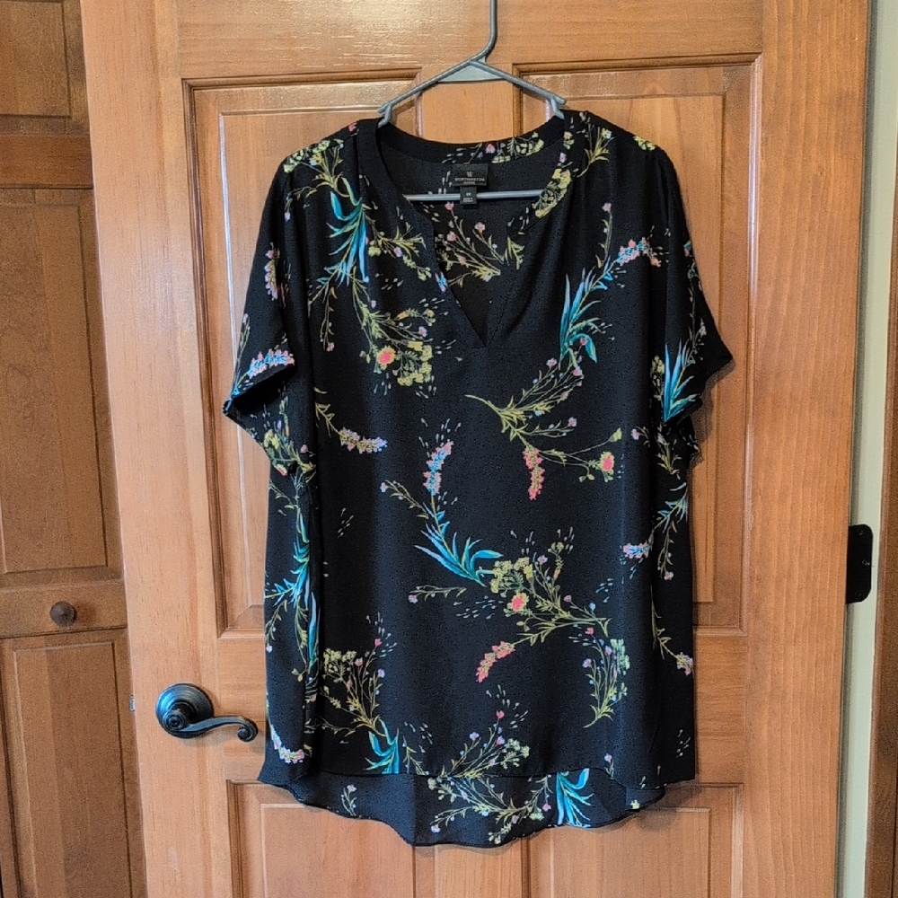 Worthington Black Blouse with Vibrant Floral Design